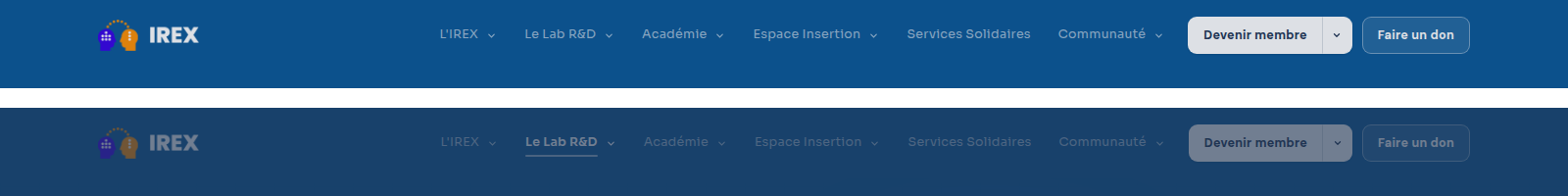 Deux captures de barre de navigation empilees, identiques en tous points sauf le lien actif