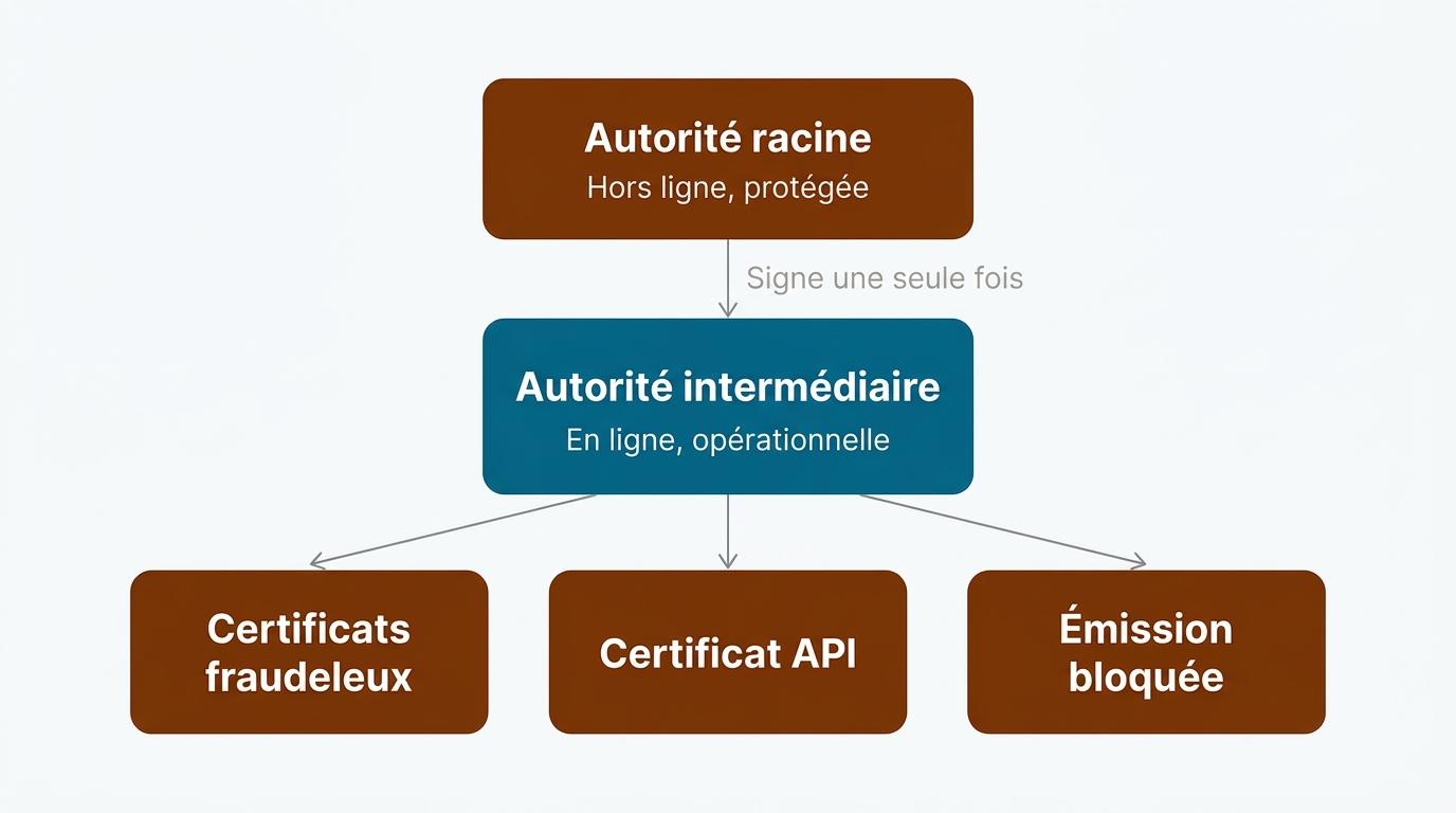  Architecture PKI à deux niveaux : autorité racine hors ligne signant une autorité intermédiaire en ligne, qui émet les certificats serveur, API et équipement