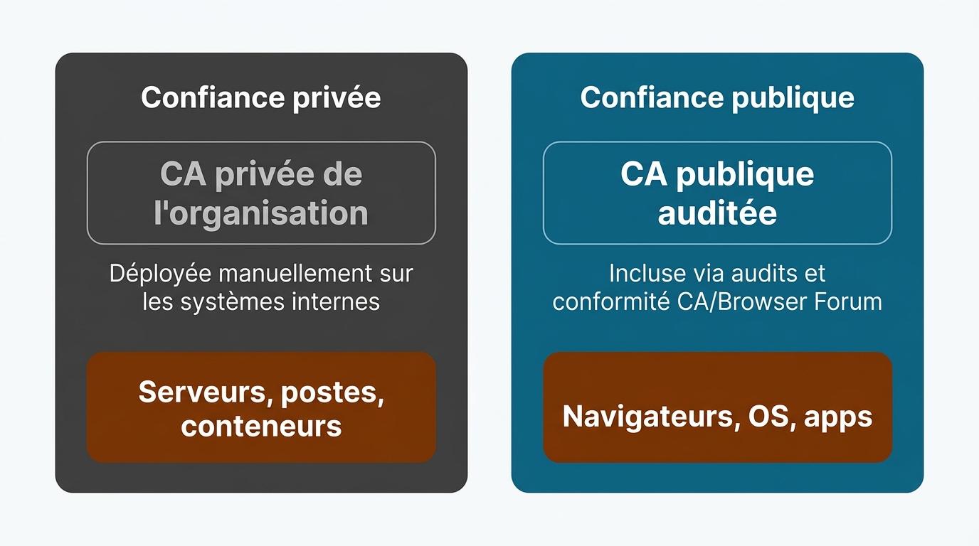  Comparaison entre confiance privée (CA privée déployée manuellement sur serveurs, postes, conteneurs) et confiance publique (CA auditée reconnue par navigateurs, OS, applications)