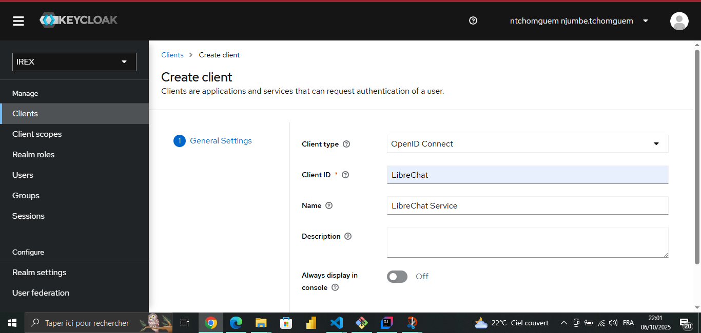Configuration des paramètres généraux du client LibreChat dans Keycloak