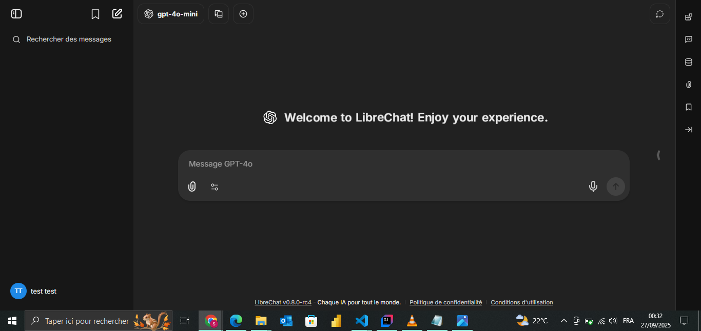 Interface de LibreChat après succès de la connexion OpenID