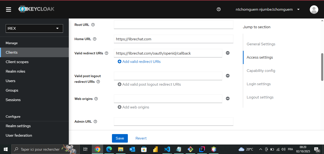 Configuration des paramètres généraux du client LibreChat dans Keycloak