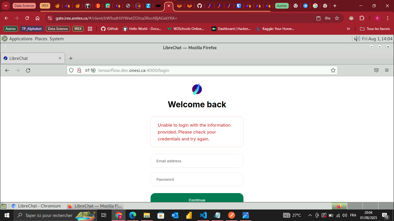 Echec de connexion à la plateforme Librechat