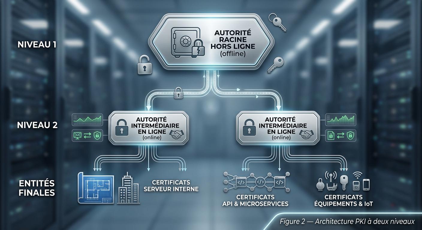 Architecture PKI à deux niveaux : autorité racine hors ligne signant une autorité intermédiaire en ligne, qui émet les certificats serveur, API et équipement